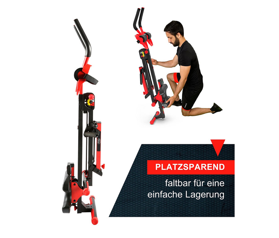 Mann klappt das Body Coach 3-in-1-Fitnessgerät »AB'N ROWER« zusammen, das schwarz-rot ist.