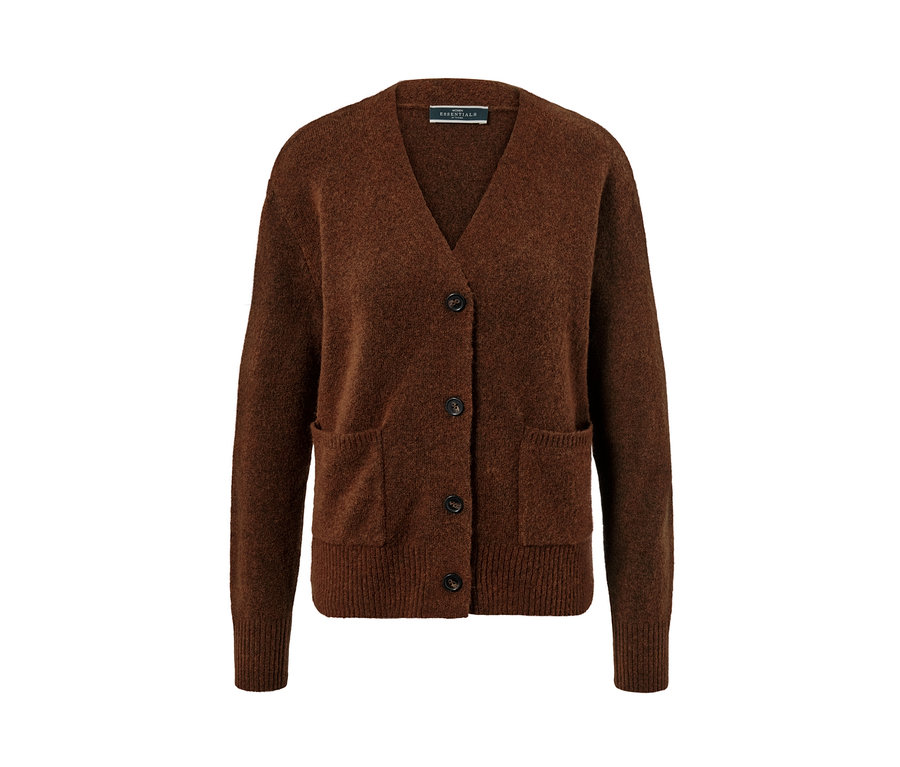 Braune Strickjacke mit Knöpfen und Taschen.