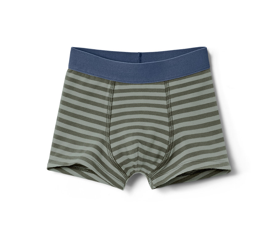 Ein Paar Jungen-Slipboxer, 7 Stück, mit grünen und grauen horizontalen Streifen und blauem Bund.