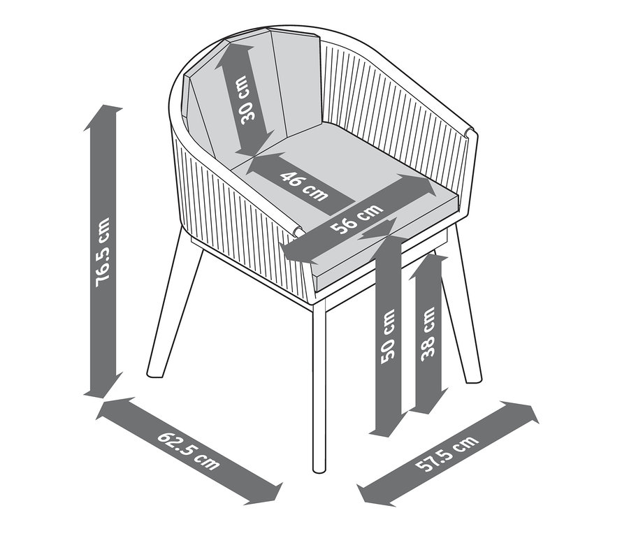 Abbildung eines Dining-Sessels mit Textilgeflecht und Abmessungen.