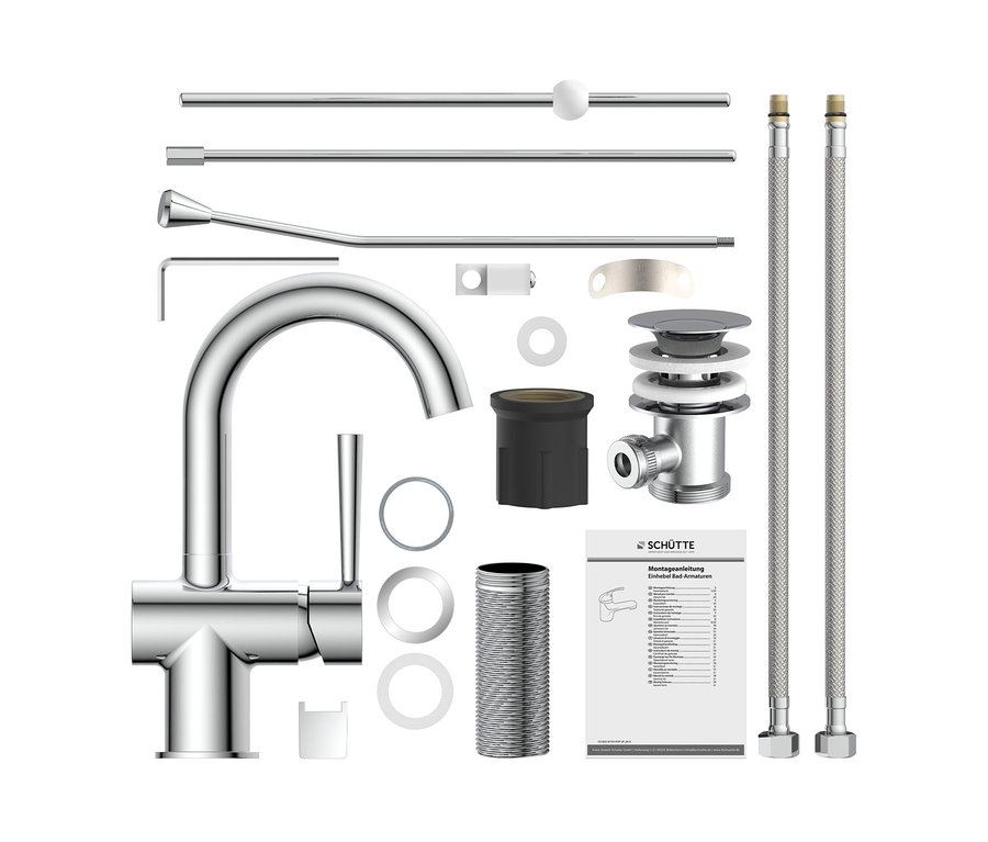 Chromfarbene Waschtischarmatur »Cornwall« und Zubehörteile auf weißem Hintergrund.