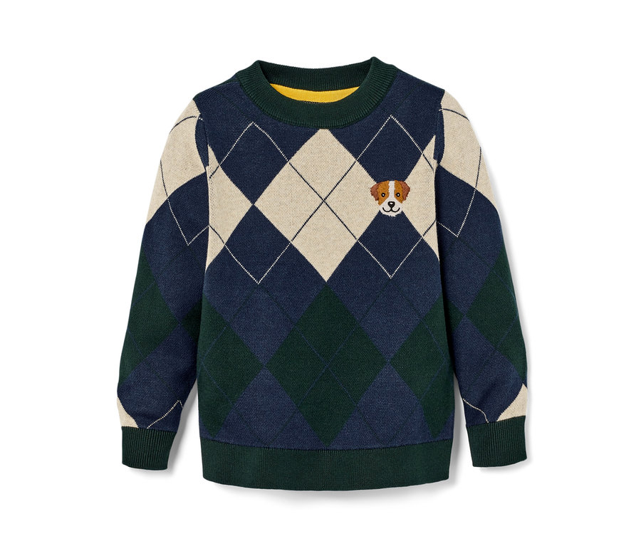 Kleinkinder-Strickpullover mit Rautenmuster und Hundekopf-Stickerei.