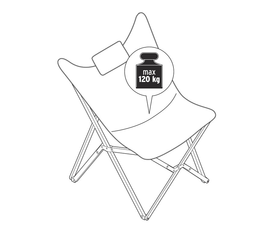 Schwarz-Weiß-Zeichnung eines klappbaren Loungechairs.