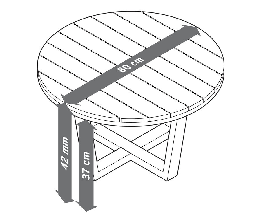 Abmessungen eines runden Tisches mit hölzerner Tischplatte und X-förmigem Untergestell.