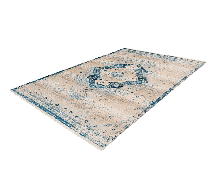 Ein beiger Teppich mit blauem Muster in der Mitte. Kayoom-Kurzflorteppich »Baroque 500«.