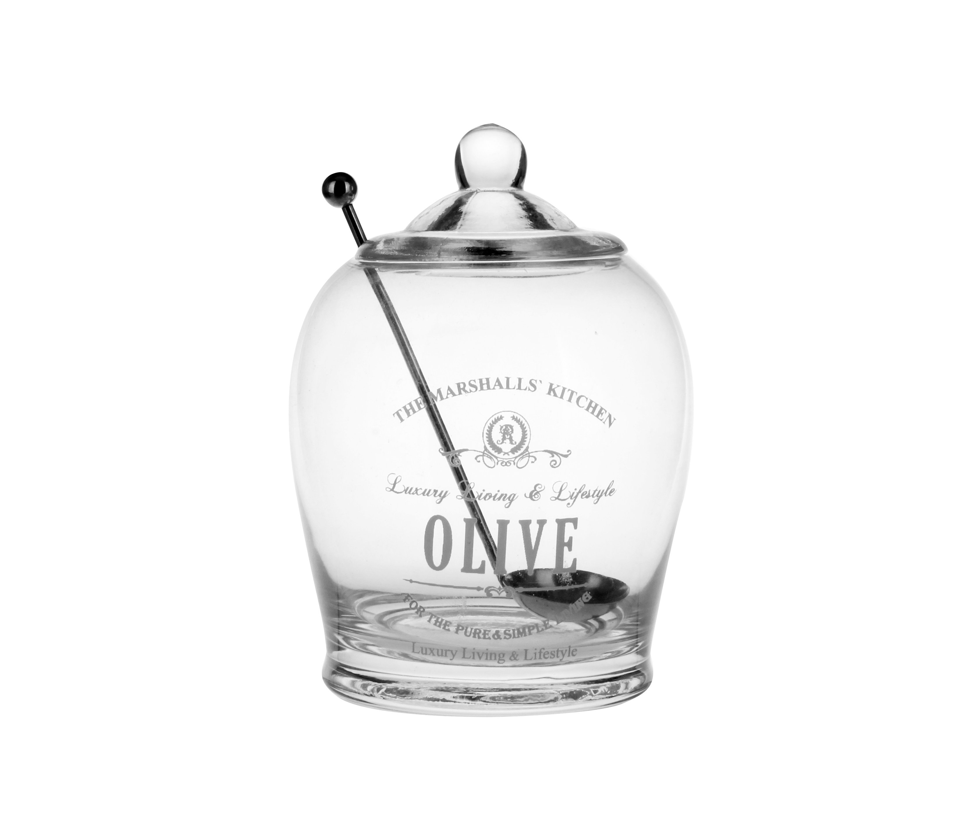 Olivenglas mit Deckel und Löffel.