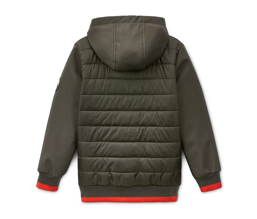 Rückansicht einer olivgrünen Hybridsteppjacke mit Kapuze aus recyceltem Material und roten Bündchen.