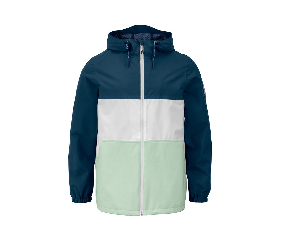 Detailansicht einer Allwetter-Jacke mit Kapuze in Dunkelblau, Weiß und Hellgrün.
