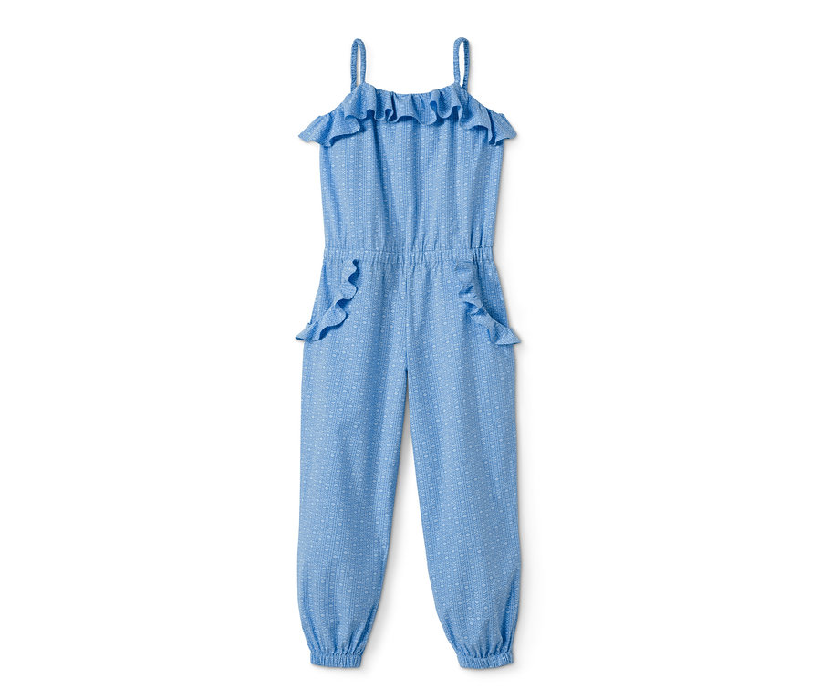 Blauer Web-Jumpsuit mit Rüschen.