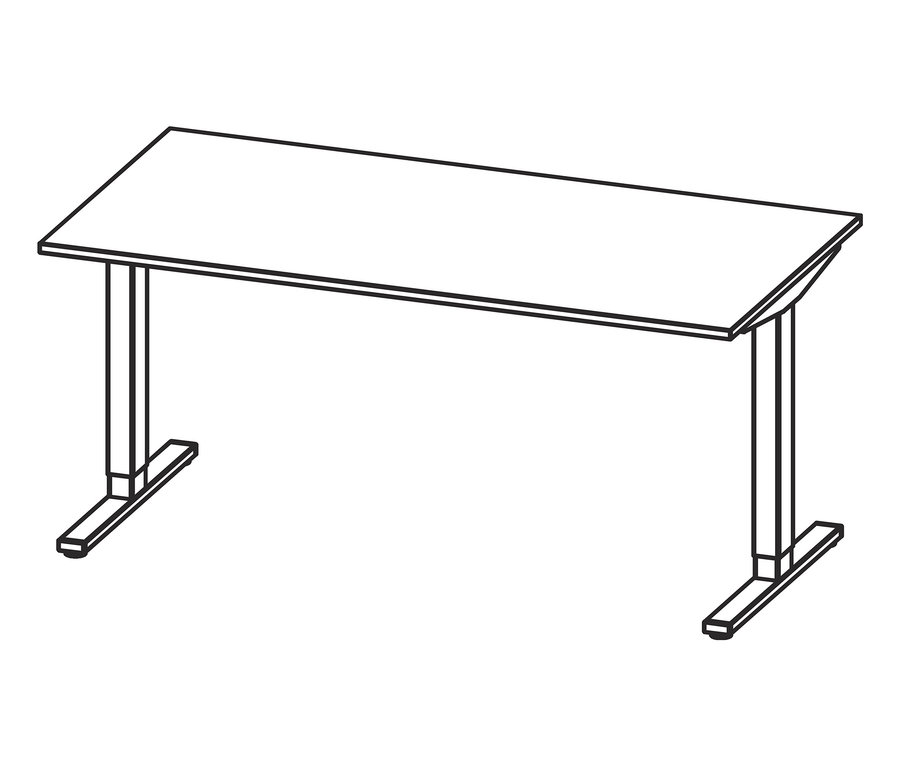 Schwarz-Weiß-Zeichnung eines elektrisch höhenverstellbaren Schreibtisches mit einer Breite von ca. 160 cm.