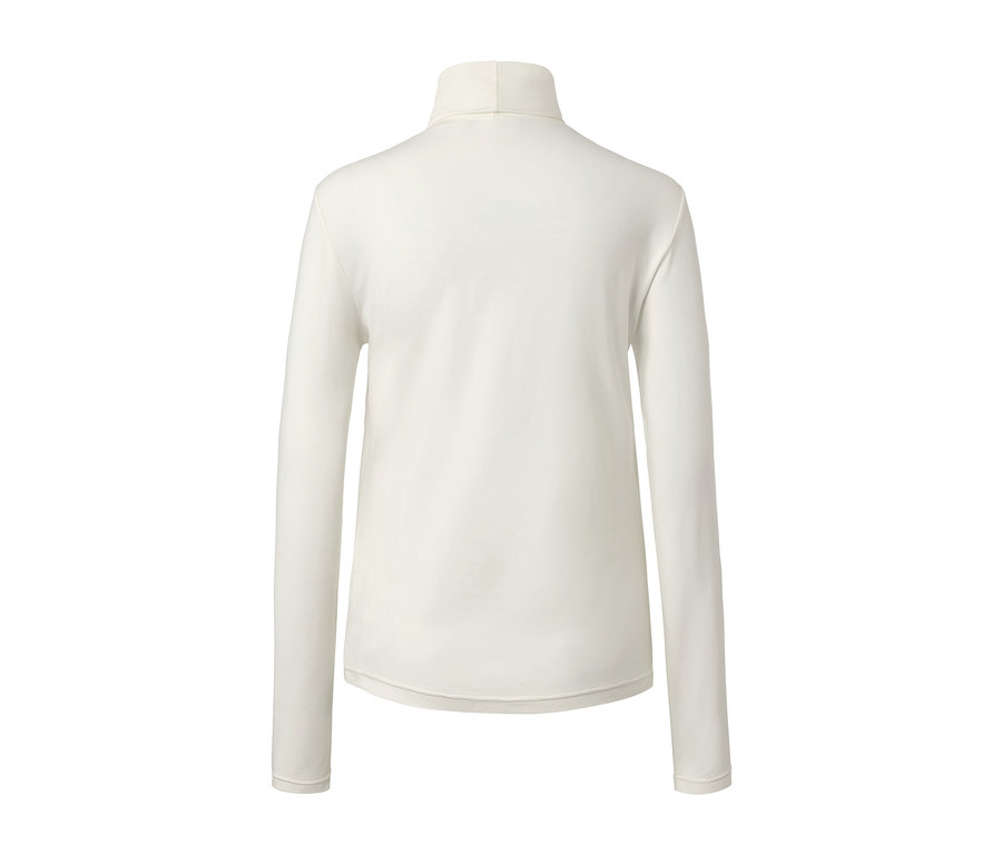 Detailansicht von hinten: Cremefarbenes Rollkragenshirt.