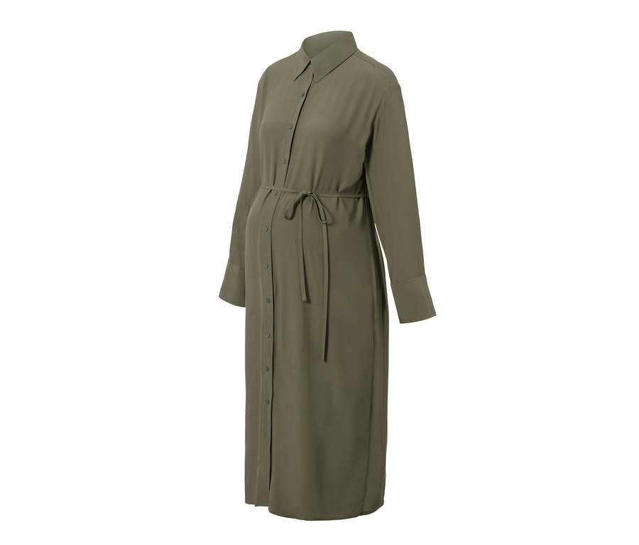 Gezeigt wird ein Umstands-Blusenkleid in Olivgrün mit langen Ärmeln und Knopfleiste.