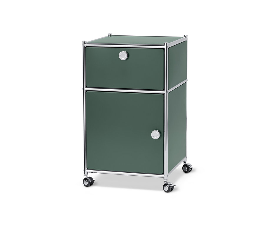 Olivgrüner Rollcontainer »CN3« mit Schublade und Tür auf Rollen.