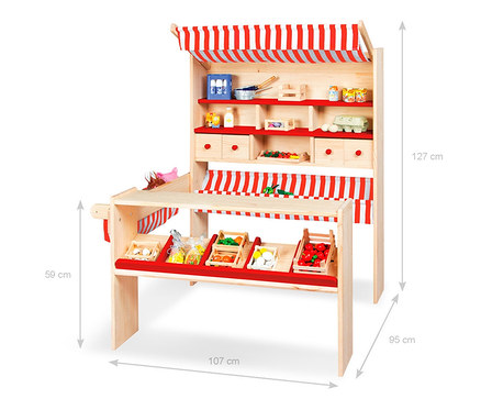 Pinolino Marktstand »Lucy« aus Holz mit rot-weiß gestreifter Markise und Regalen voller Lebensmittel.