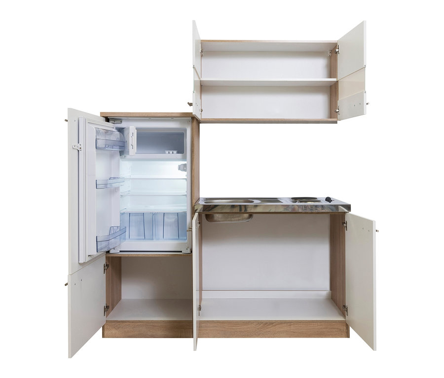 Weißer Respekta Economy Küchenblock, ca. 160 cm, mit geöffnetem Kühlschrank.