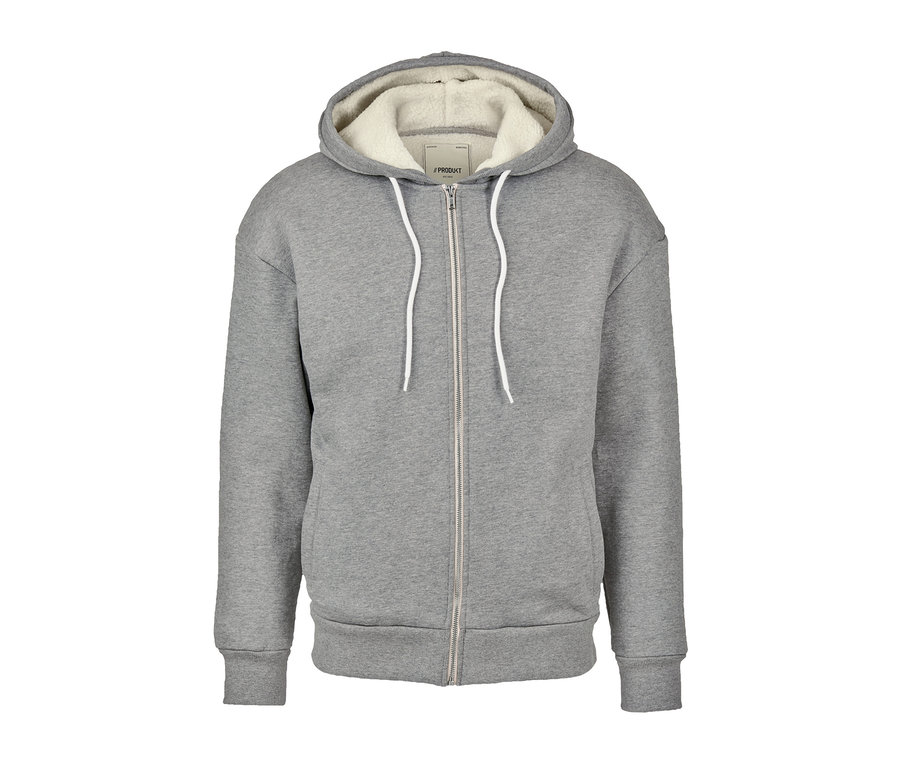 Graue Kapuzen-Sweatjacke mit Reißverschluss und weißem Futter.