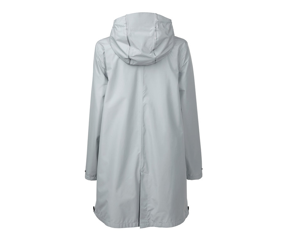 Rückansicht eines grauen Regenjackenponchos mit Kapuze.