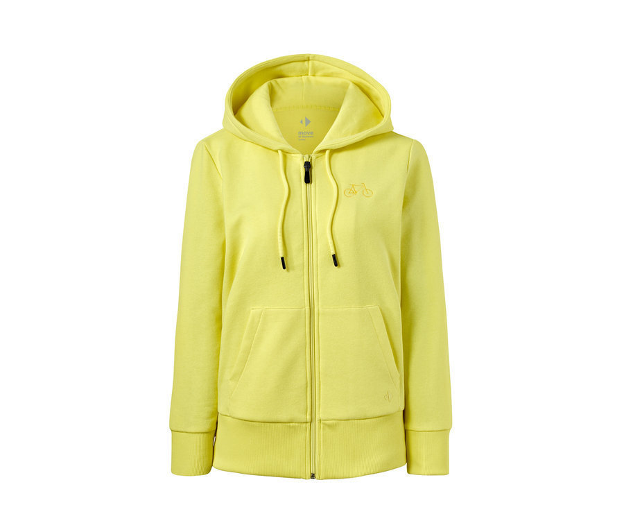 Gelbe Sweatjacke mit Kapuze, Reißverschluss und Fahrradmotiv.