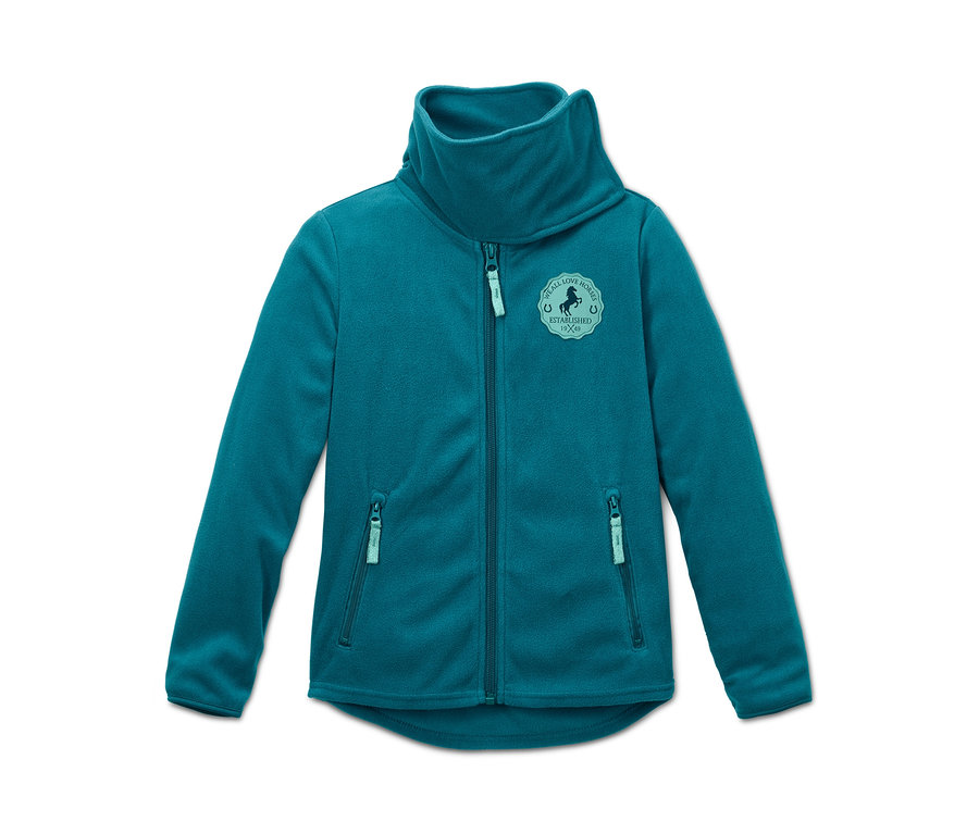 Türkise Fleecejacke aus recyceltem Material mit hohem Kragen und Reißverschluss.