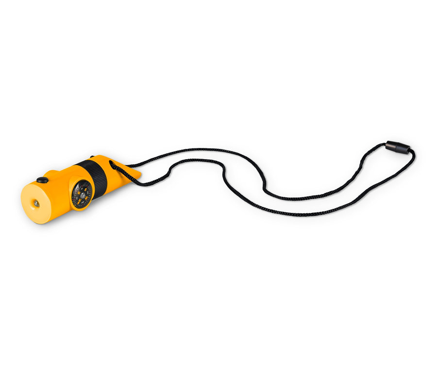 Gelbes, kompaktes 7-in-1-Outdoor-Tool mit schwarzer Kordel auf weißem Hintergrund.