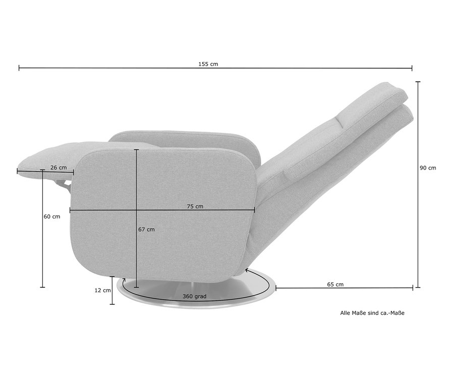 Skizze des Relax-Sessels »Beja« mit Abmessungen.
