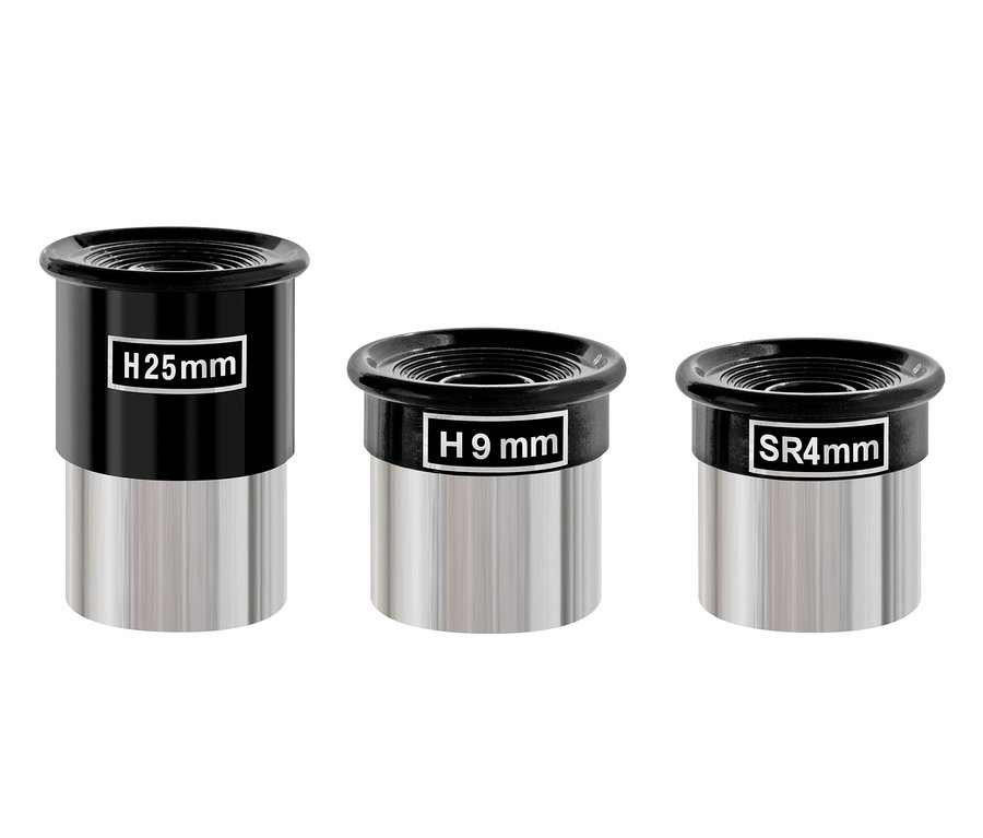 Drei Teleskopokulare mit den Bezeichnungen H25mm, H9mm und SR4mm.