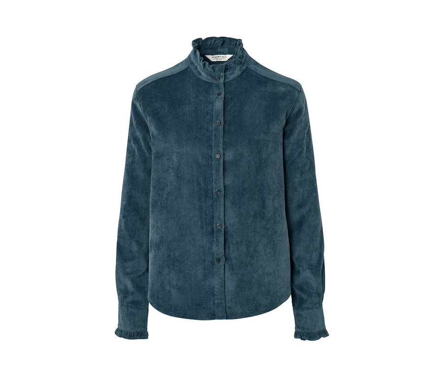 Eine blaue Cordbluse mit Rüschendetail.