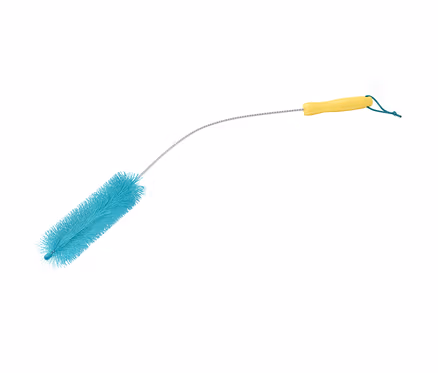 Heizkörperbürste mit blauen Borsten und gelbem Griff.