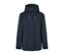 Marineblaue Allwetterjacke mit Kapuze und Taschen.