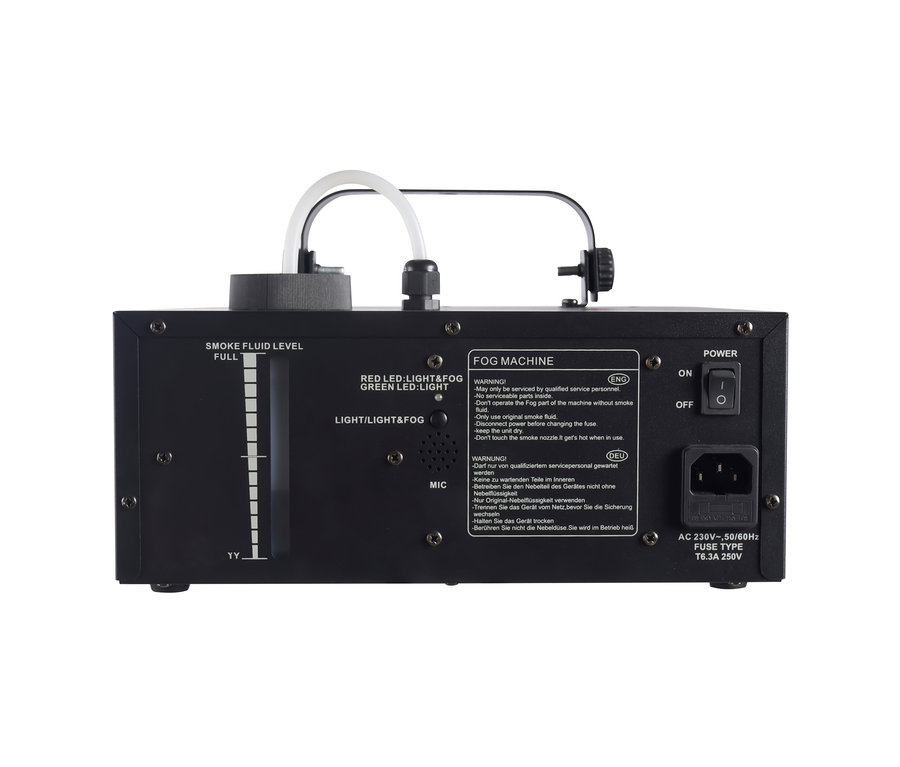 Detailansicht der Rückseite einer schwarzen Nebelmaschine Lenco LFM-110.
