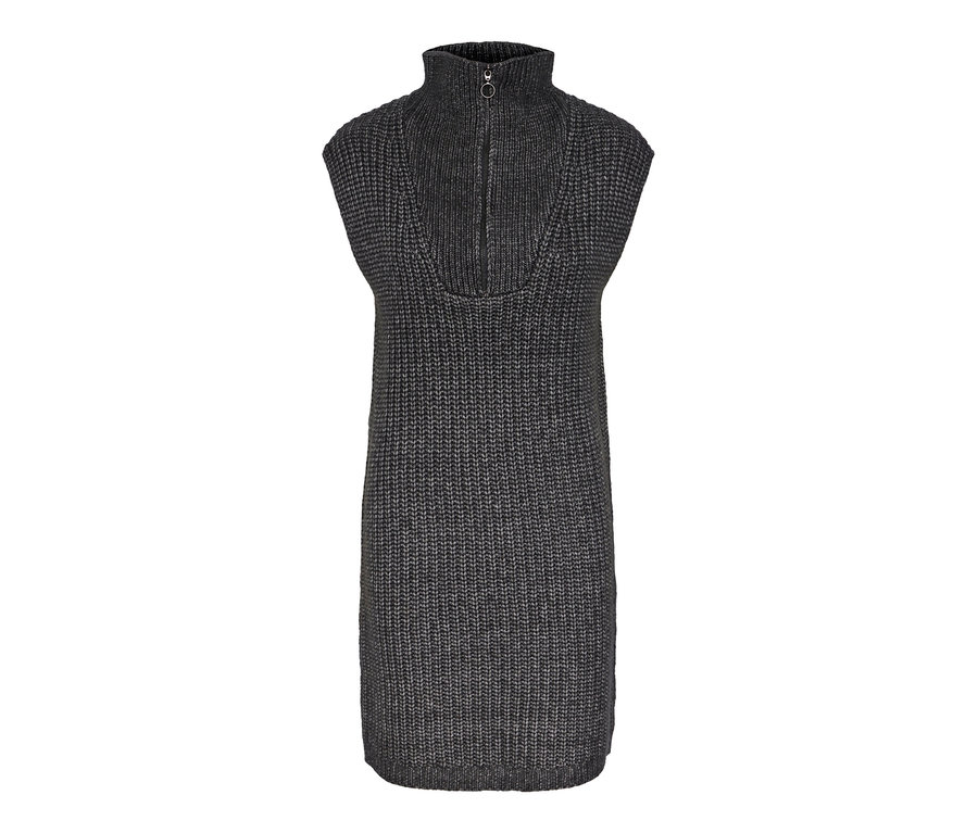 Graues Strickkleid mit kurzem Reissverschluss.