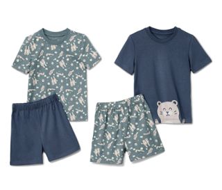 1x Oberteil rauchblau mit Alloverprint, Hose mittelblau, 1x Oberteil mittelblau mit Print, Hose rauchblau mit Alloverprint