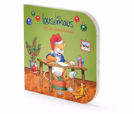 Das Buch Leo Lausemaus und der Wunschzettel zeigt ein Bild von Leo Lausemaus, der einen Brief an das Christkind schreibt.
