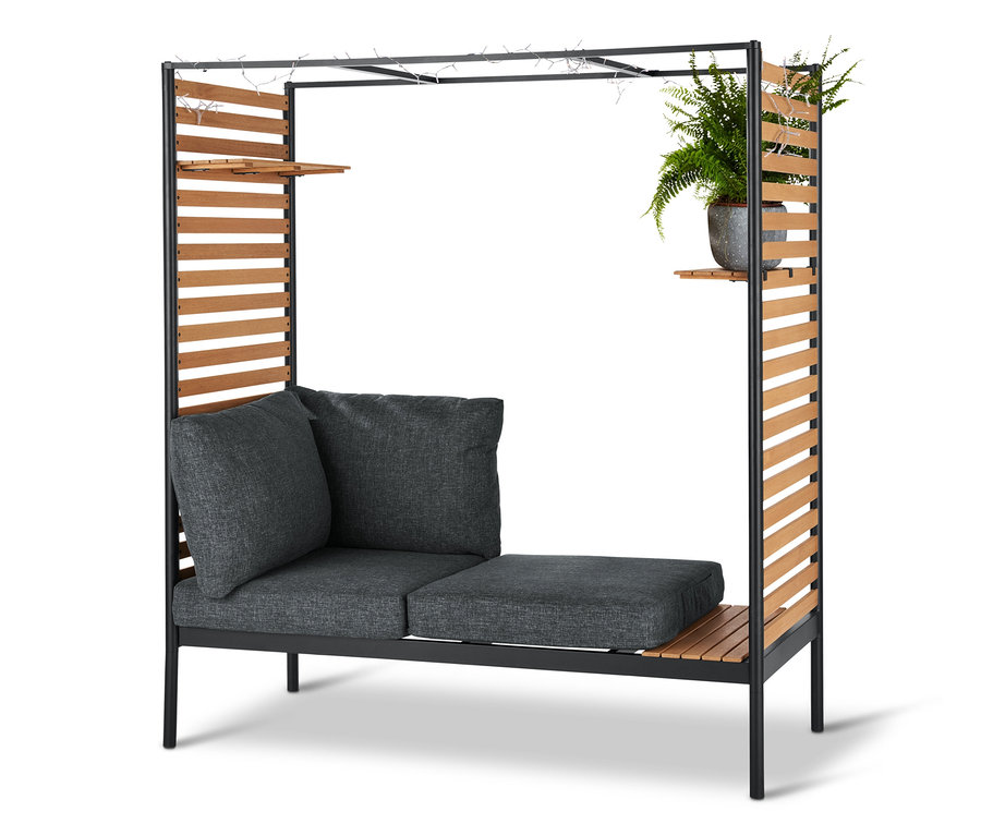 Schwarze Metall-Outdoor-Lounge »Elin« mit flexiblen Sitzelementen, Einhängregalen und grauen Kissen.