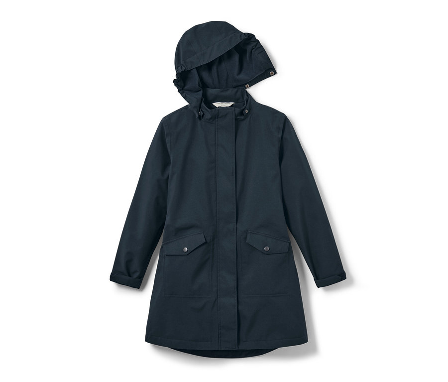 Marineblauer Kinder-Regenparka mit Kapuze und Taschen.