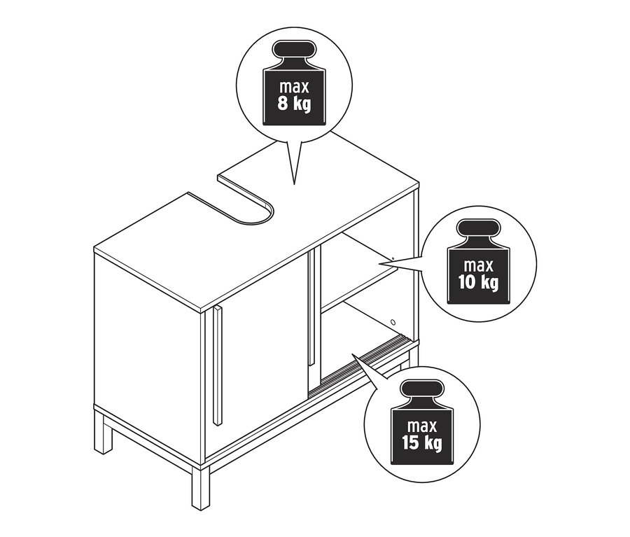 Zeichnung eines Waschbeckenunterschranks »Eklund« mit 2 Schiebetüren und maximaler Tragfähigkeit.