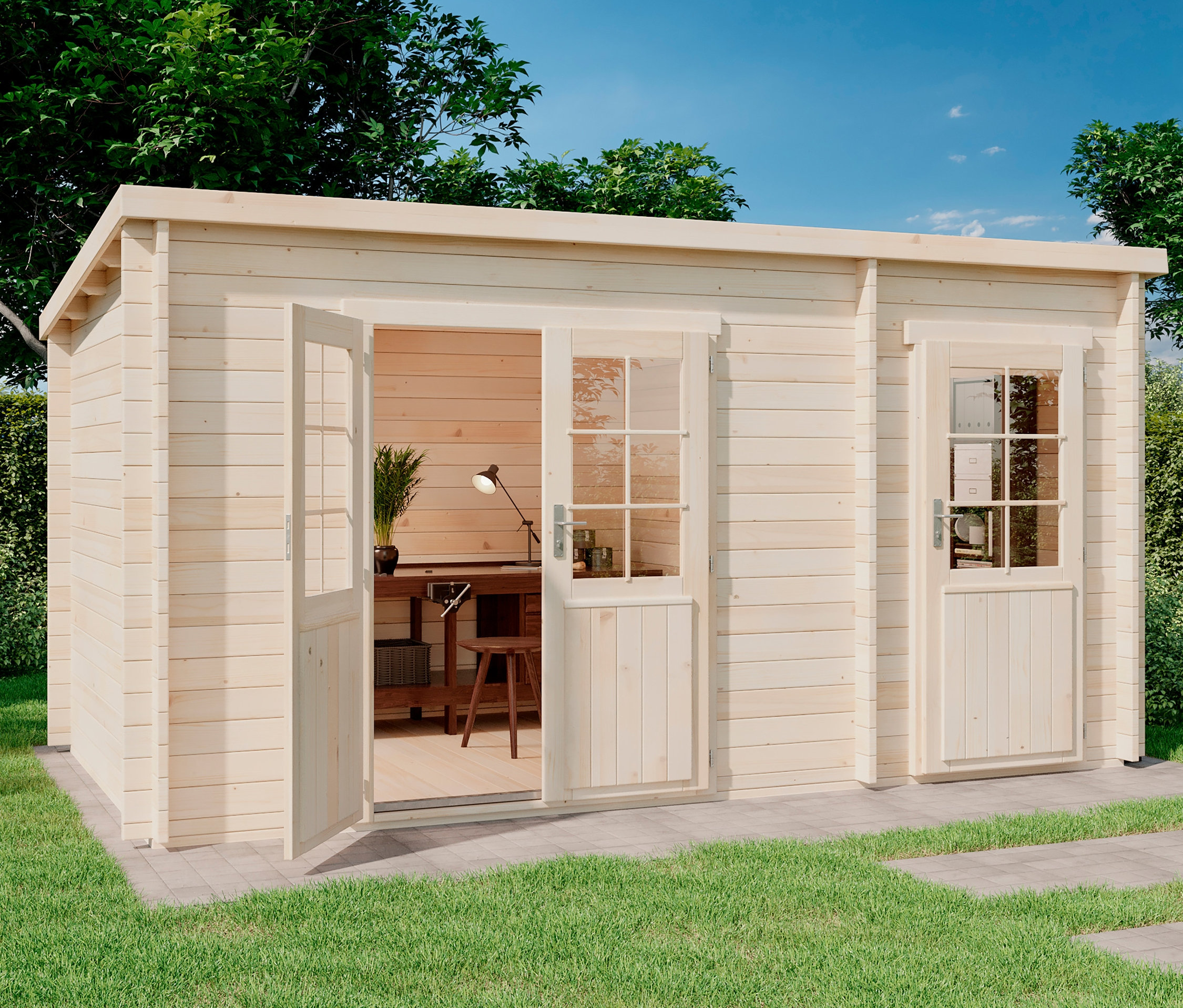 Ein Gartenhaus mit 2 Räumen, 28 mm, steht auf einer Rasenfläche, die Tür ist offen.