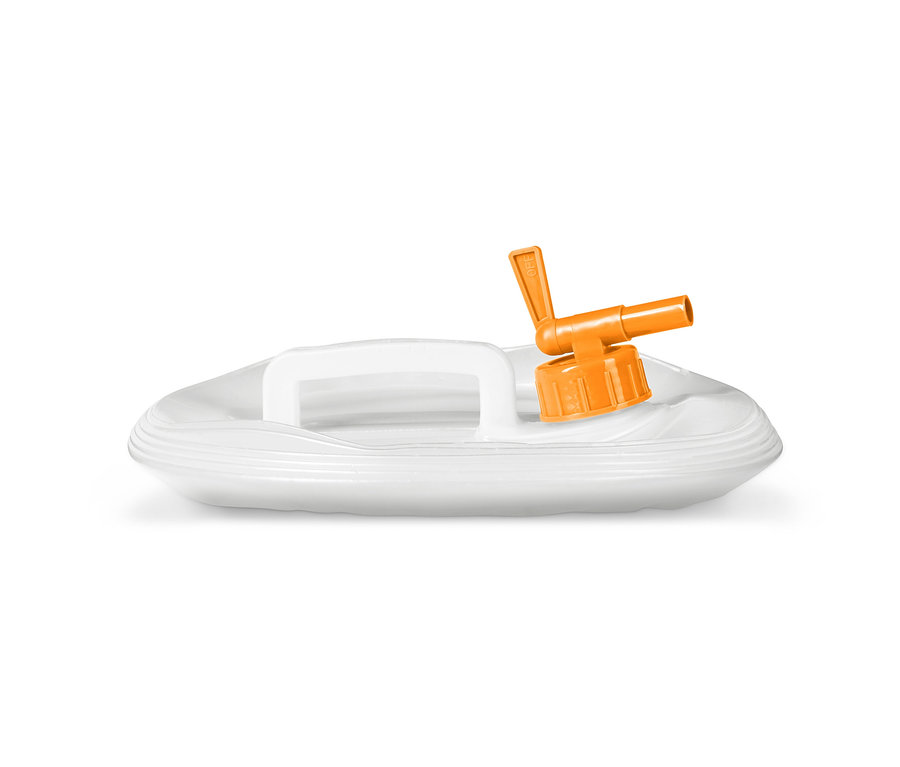 Ein faltbarer Wasserkanister, ca. 10 l, mit orangefarbenem Auslaufhahn.