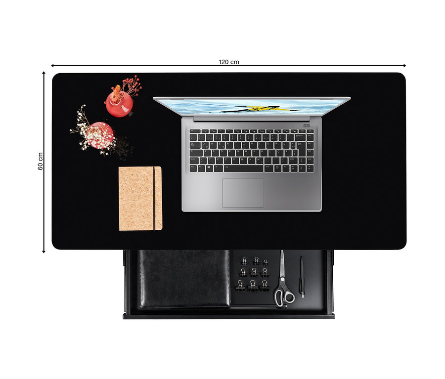 Draufsicht auf einen schwarzen, höhenverstellbaren MEDION® Schreibtisch, 120 x 60 cm, mit Laptop, Notizblock und Büromaterial.