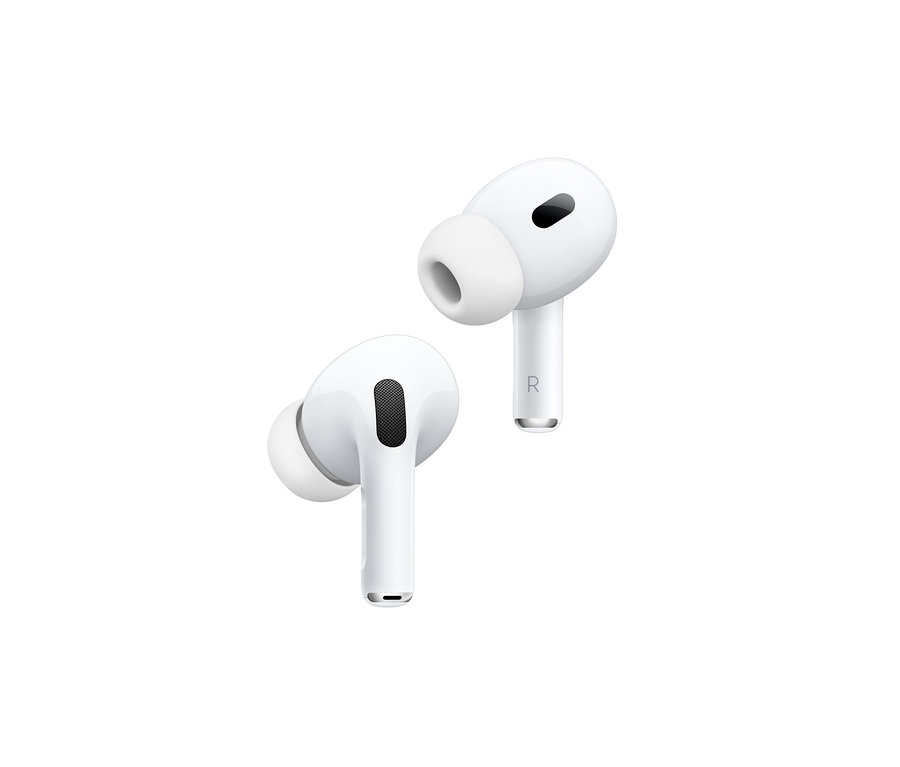 Zwei weiße Apple AirPods Pro 2. Generation mit Magsafe Ladecase auf weißem Hintergrund.