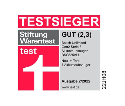 Stiftung Warentest Testsiegel: Bosch Akku-Staubsauger »Unlimited Gen2 Serie 8 BSS825ALL«, beutellos, wurde mit GUT (2,3) bewertet.
