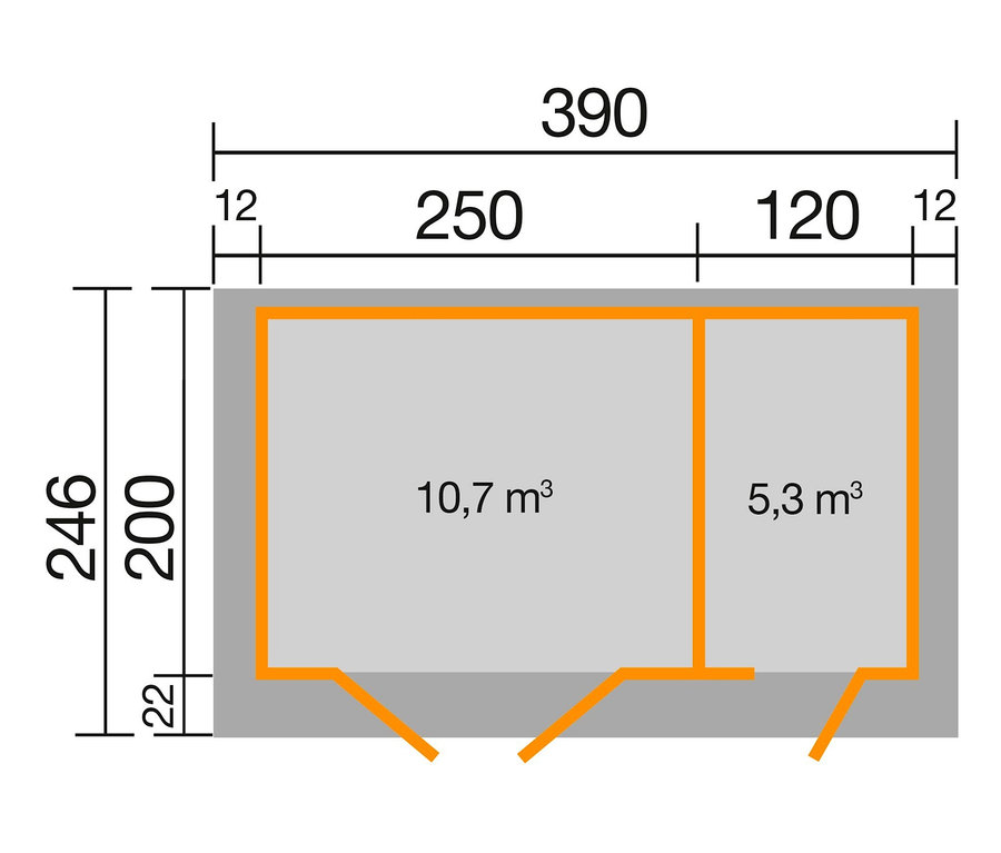 Grundriss des Weka Gartenhauses mit separatem Raum, 28 mm (Gr. 1).