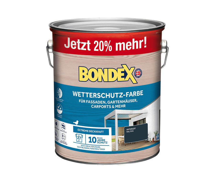 Dose Bondex Wetterschutz-Farbe, 3,0 l, inklusive Flachpinsel, Farbe anthrazit.