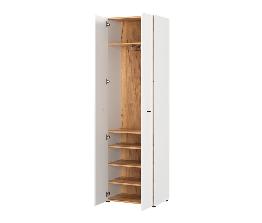 Geöffneter Garderobenschrank »Lucena« mit Regalen und Kleiderstange.
