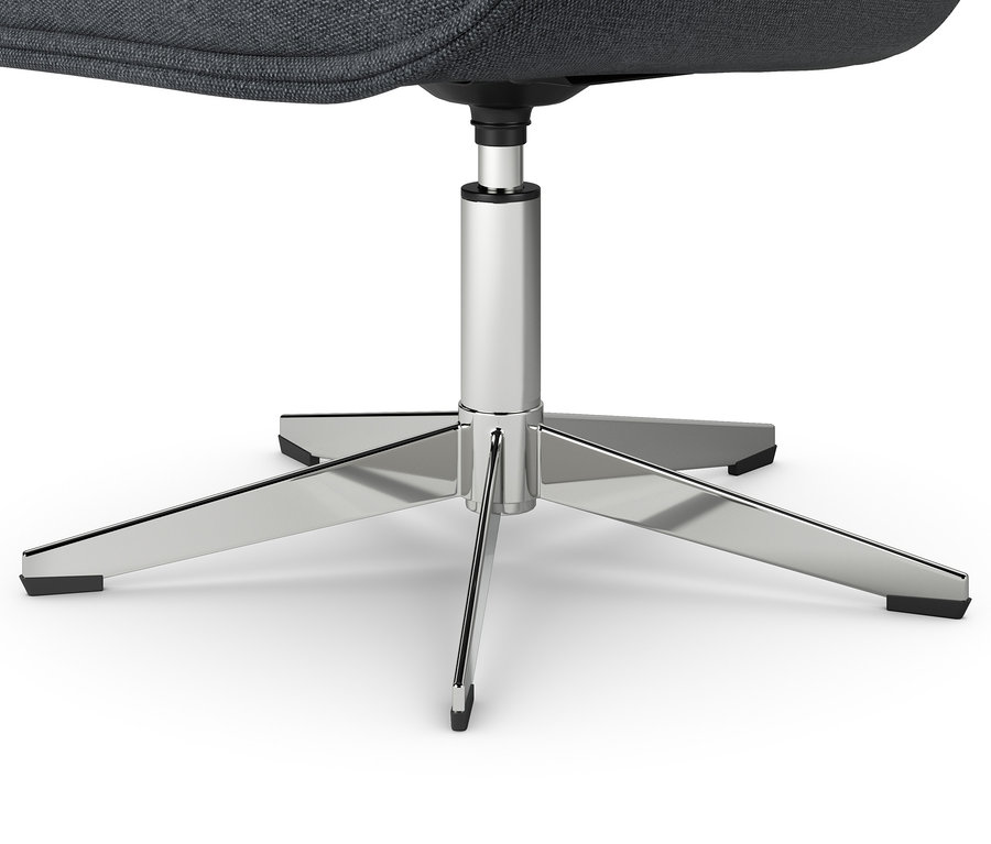 Detailaufnahme eines Sessels mit Drehfunktion und Metallfuß.