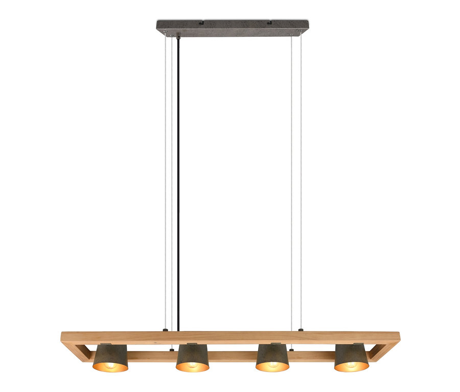 Trio Pendelleuchte "Bell", 4-flammig mit Holzrahmen und grauen Lampenschirmen.