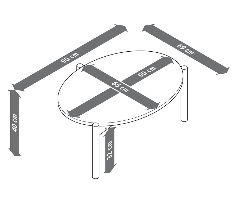 Abbildung eines ovalen Tisches mit markierten Abmessungen.