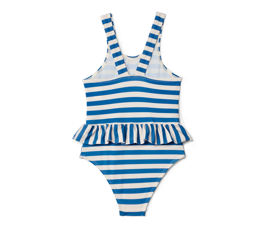 Rückansicht eines Kinder-Badeanzugs mit blauen und weißen Streifen und Rüschen.