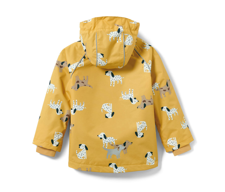 Gelbe Kinder-Thermo-Regenjacke mit Dalmatiner-Muster.