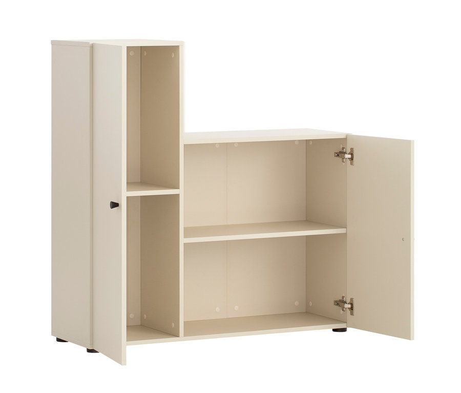 Beiger Raumteiler "Lovund" mit zwei offenen Regalen und einem Schrank mit geöffneten Türen.